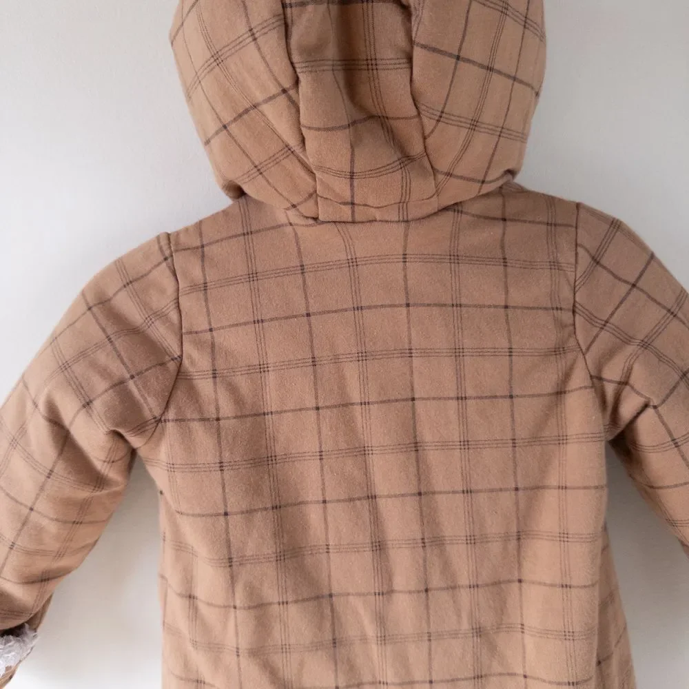 Baby Gap Plaid Hooded Sherpa Fleece Lined Pram Suit Winter Warm Brown Baby 6-12m